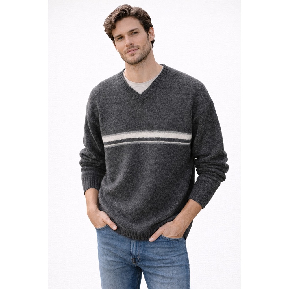 GAP Men's Large Gray Striped Lambswool Sweater Y2K Grandpacore